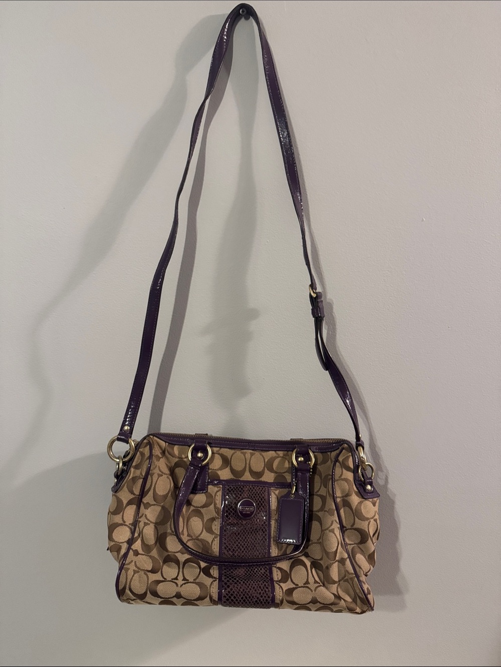 Coach Signature Stripe Python Satchel - Brown Crossbody with Purple Trim